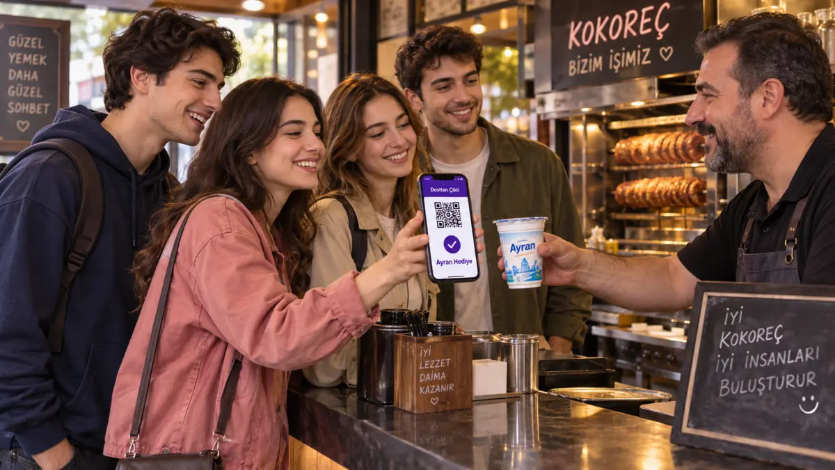 QR kod doğrulanıyor ve ayran hediyesi teslim ediliyor